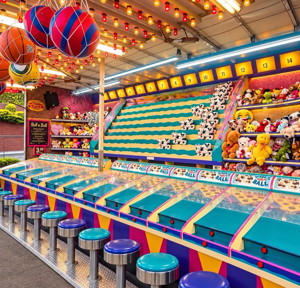 Interior del Roll a Ball: carriles con pelotas, vacas de juguete que avanzan por escalones numerados del 1 al 14 y peluches de premio en lo alto