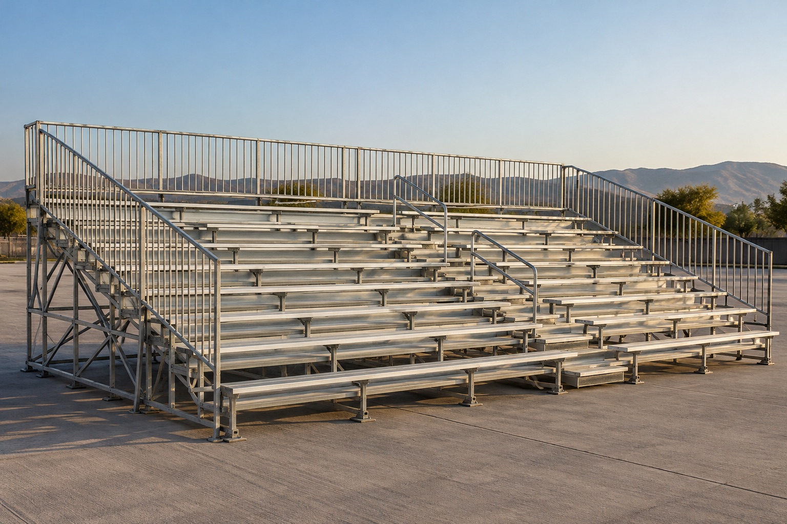 Gradas modulares de acero con barandales, al aire libre